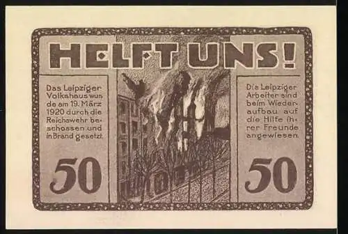 Notgeld Leipzig 1922, 50 Pfennig, Volkshaus-Gutschein und Helft Uns! Darstellung