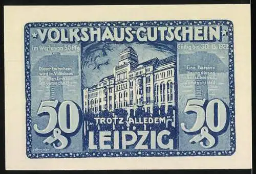 Notgeld Leipzig, 1920, 50 Pfennig, Helft Uns! Volkshaus-Gutschein mit Leipziger Volkshaus im Brand und Gebäudeansicht