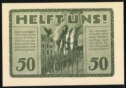 Notgeld Leipzig, 1922, 50 Pfennig, Volkshaus-Gutschein mit historischem Gebäude und Aufruf Helft Uns!