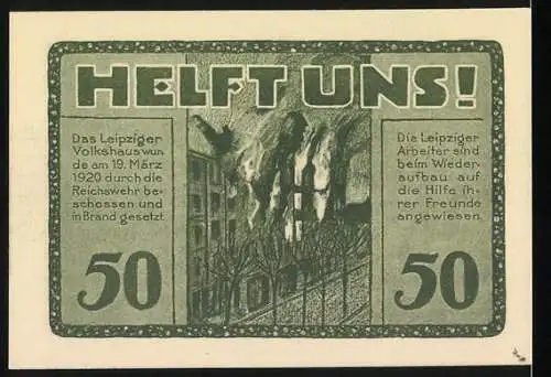 Notgeld Leipzig, 1922, 50 Pfennig, Volkshaus-Gutschein, Trotz alledem, Gebäude und Brand