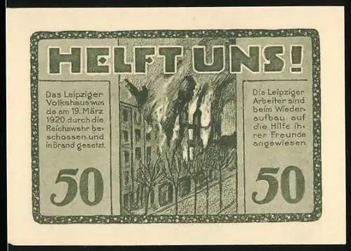 Notgeld Leipzig, 1922, 50 Pfennig, Volkshaus-Gutschein mit Gebäude und Aufruf Helft uns!
