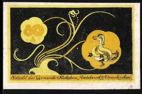 Notgeld Bokel, 1921, 50 Pfennig, gelbe und schwarze Verzierung mit Ente und Blumenmuster