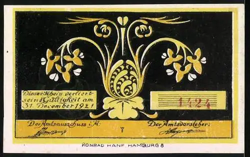 Notgeld Bokel, 1921, 50 Pfennig, gelbe und schwarze Verzierung mit Ente und Blumenmuster