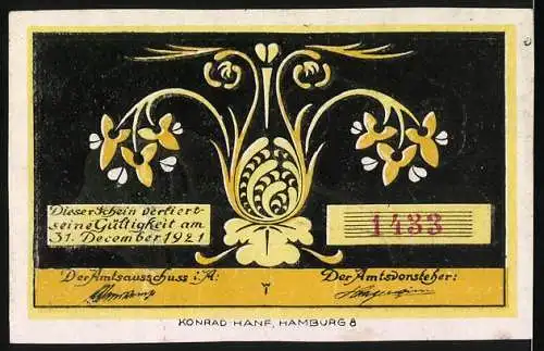 Notgeld Bokel 1921, 50 Pfennig, Vogel und florales Design, gültig bis 31. Dezember 1921