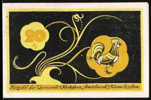 Notgeld Bokel 1921, 20 Pfennig, Hahn und florale Muster auf schwarzem Hintergrund