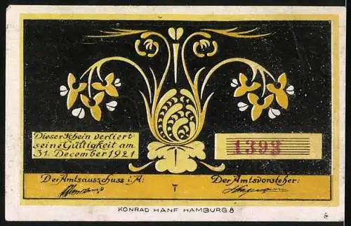 Notgeld Bokel 1921, 20 Pfennig, Hahn und florale Muster auf schwarzem Hintergrund