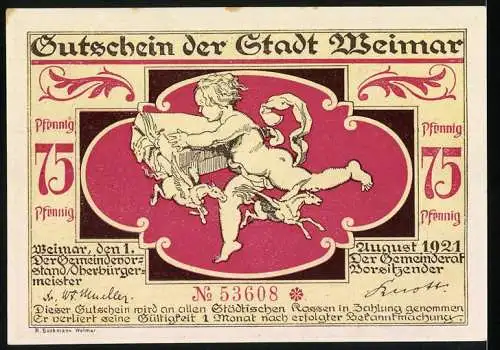 Notgeld Weimar, 1921, 75 Pfennig, Bäcker und Schmaus Motiv, Nr. 53608