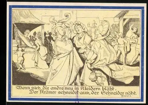 Notgeld Weimar, 1921, 75 Pfennig, Illustration eines Schneiderhandwerks und Putto mit Dokumenten
