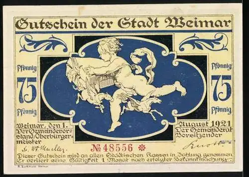 Notgeld Weimar, 1921, 75 Pfennig, Illustration eines Schneiderhandwerks und Putto mit Dokumenten