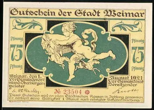 Notgeld Weimar, 1921, 75 Pfennig, Engelmotiv mit Widder und Text über Wechslerbänke
