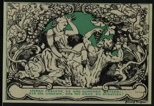 Notgeld Weimar, 1921, 50 Pfennig, Porträt Schiller und mythologische Szene mit Weinreben und Text