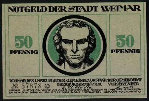 Notgeld Weimar, 1921, 50 Pfennig, Porträt Schiller und mythologische Szene mit Weinreben und Text