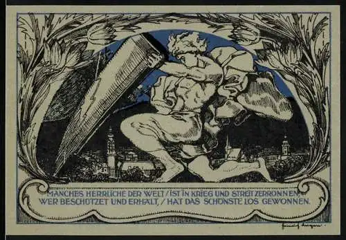 Notgeld Weimar, 1921, 50 Pfennig, Darstellung eines Mannes mit Blitz und Porträt Goethe in der Mitte