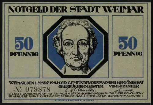 Notgeld Weimar, 1921, 50 Pfennig, Darstellung eines Mannes mit Blitz und Porträt Goethe in der Mitte