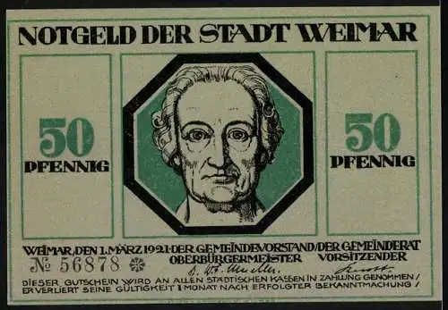 Notgeld Weimar, 1921, 50 Pfennig, Edel sei der Mensch, hilfreich und gut, Porträt Goethe und Text