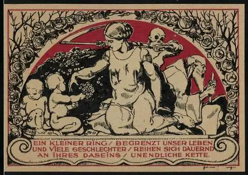 Notgeld Weimar, 1921, 50 Pfennig, Illustration mit Frau & Sensenmann, Kind und Skelett, Porträt Goethe