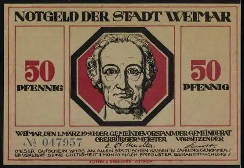 Notgeld Weimar, 1921, 50 Pfennig, Illustration mit Frau & Sensenmann, Kind und Skelett, Porträt Goethe