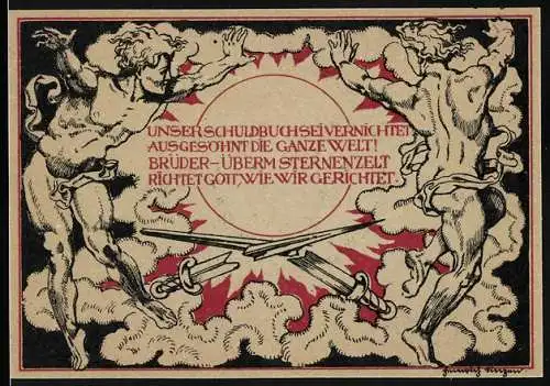 Notgeld Weimar 1921, 50 Pfennig, Porträt Schiller und zwei Figuren mit zerbrochenen Schwertern