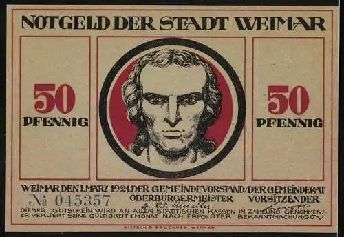 Notgeld Weimar 1921, 50 Pfennig, Porträt Schiller und zwei Figuren mit zerbrochenen Schwertern