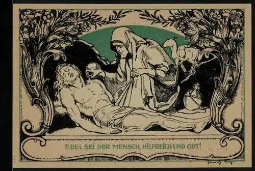 Notgeld Weimar, 1921, 50 Pfennig, Motiv: Hilfreicher Mensch und Porträt Goethe