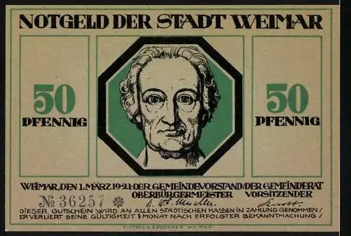 Notgeld Weimar, 1921, 50 Pfennig, Motiv: Hilfreicher Mensch und Porträt Goethe