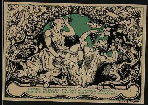 Notgeld Weimar, 1921, 50 Pfennig, Illustration antiker Figuren und Porträt Schiller auf grünem Hintergrund