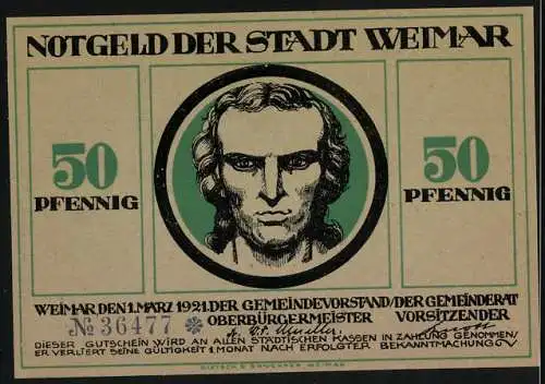 Notgeld Weimar, 1921, 50 Pfennig, Illustration antiker Figuren und Porträt Schiller auf grünem Hintergrund