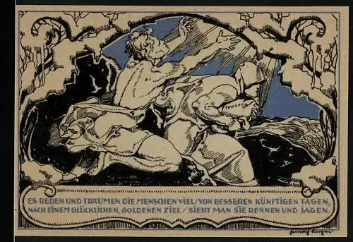 Notgeld Weimar, 1921, 50 Pfennig, Porträt Schiller und Jagdszene mit Menschen in Bewegung
