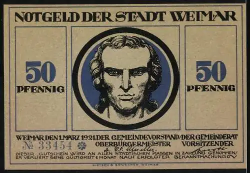 Notgeld Weimar, 1921, 50 Pfennig, Porträt Schiller und Jagdszene mit Menschen in Bewegung