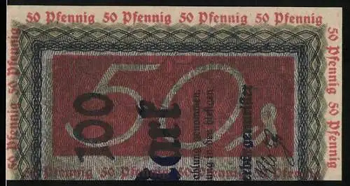 Notgeld Düren, 50 Pfennig, rote und schwarze Schrift mit dekorativem Randmuster, Teilabschnitt eines 100 Mark-Schein's