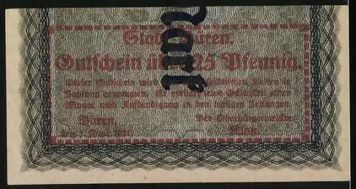 Notgeld Düren 1920, 25 Pfennig, Gutschein in blau und rot, Druck 100, Teilabschnitt eines 100 Mark-Schein's