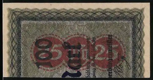 Notgeld Düren 1921, 25 Pfennig, Gutschein der Stadt mit rotem & schwarzem Text, Teilabschnitt eines 100 Mark-Schein's