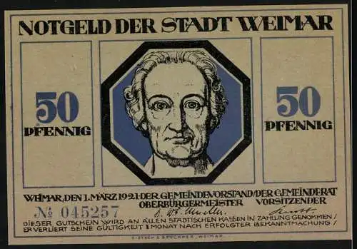 Notgeld Weimar, 1921, 50 Pfennig, Stadtansicht und kämpfende Figur, Porträt Goethe auf Rückseite