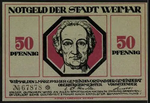 Notgeld Weimar, 1921, 50 Pfennig, Ein kleiner Ring begrenzt unser Leben, Portrait Goethe und Seriennummer