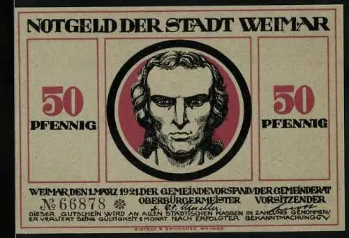 Notgeld Weimar 1921, 50 Pfennig, Porträt Schiller und Zitat auf der Rückseite