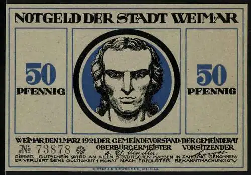 Notgeld Weimar, 1921, 50 Pfennig, Porträt Schiller und mythologische Darstellung mit Spruch