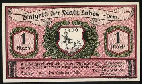 Notgeld Labes, 1921, 1 Mark, Stadtansicht und Wappen