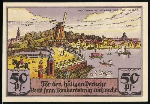 Notgeld Hamburg, 1921, 50 Pf, Holzdamm mit Lombardsbrücke und Sportvereinigung St. Georg