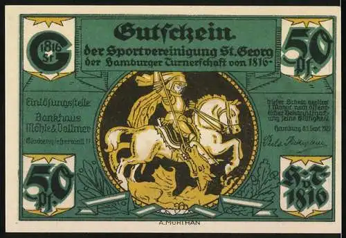 Notgeld Hamburg, 1921, 50 Pf, Holzdamm mit Lombardsbrücke und Sportvereinigung St. Georg