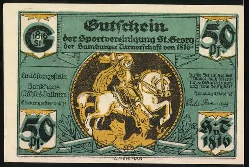 Notgeld Hamburg 1921, 50 Pf, Befreiung der Franzosen durch die Kosaken und Gutschein der Sportvereinigung St. Georg