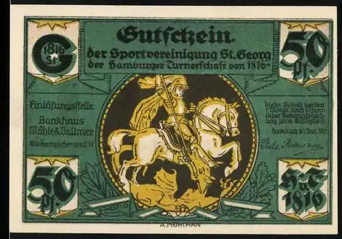 Notgeld Hamburg, 1921, 50 Pfennig, Gutschein der Sportvereinigung St. Georg, Darstellung des Hamburger Brands von 1842