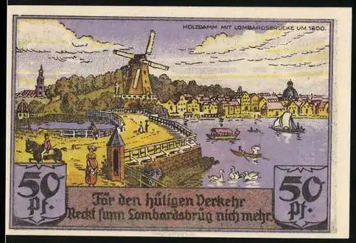 Notgeld Hamburg, 1924, 50 Pf, Windmühle am Holzdamm mit Lombardsbrücke und Sportvereinigung St. Georg