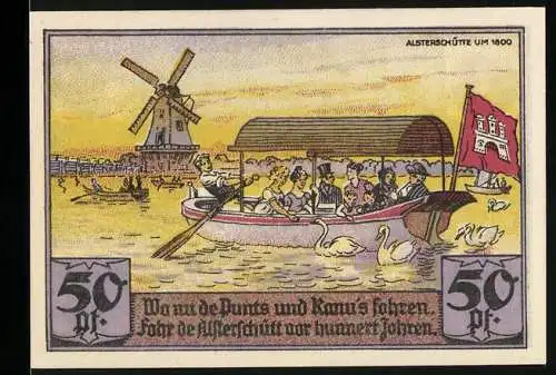 Notgeld Hamburg, 1921, 50 Pf, Bootsfahrt auf der Alster und Reiter auf Pferd, Windmühle