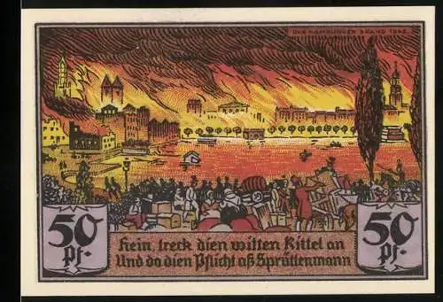 Notgeld Hamburg 1921, 50 Pfennig, Darstellung des Hamburger Brands von 1842 und Ritter auf Pferd
