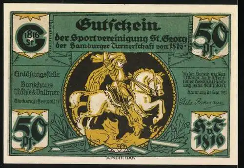 Notgeld Hamburg 1921, 50 Pfennig, Darstellung des Hamburger Brands von 1842 und Ritter auf Pferd