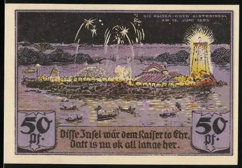 Notgeld Hamburg 1921, 50 Pf, Kaiser-Oder-Alsterinsel und Sportvereinigung St. Georg