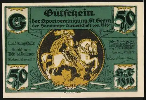 Notgeld Hamburg 1921, 50 Pf, Kaiser-Oder-Alsterinsel und Sportvereinigung St. Georg