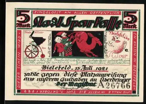 Notgeld Bielefeld 1921, 5 Mark, Stadt-Sparkasse und 700 Jahre Stadt Bielefeld, Person mit Baum und Texten