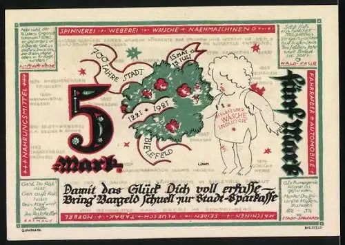 Notgeld Bielefeld 1921, 5 Mark, Stadt-Sparkasse und 700 Jahre Stadt Bielefeld, Person mit Baum und Texten