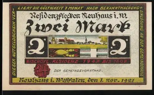 Notgeld Neuhaus, 1921, 2 Mark, Bischöfliche Residenz und Geburtshaus Dr. Sertürner, Entdecker des Morphiums